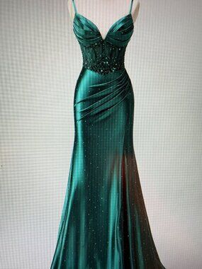 NEW PROM DRESS Sparkly Dark Green Mermaid Spaghetti Straps Corset Beaded w/ Slit
